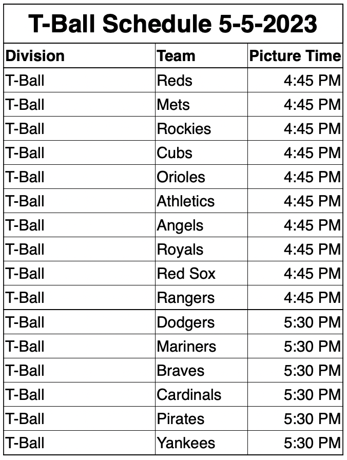 Teeball Photo Schedule 5-5-23